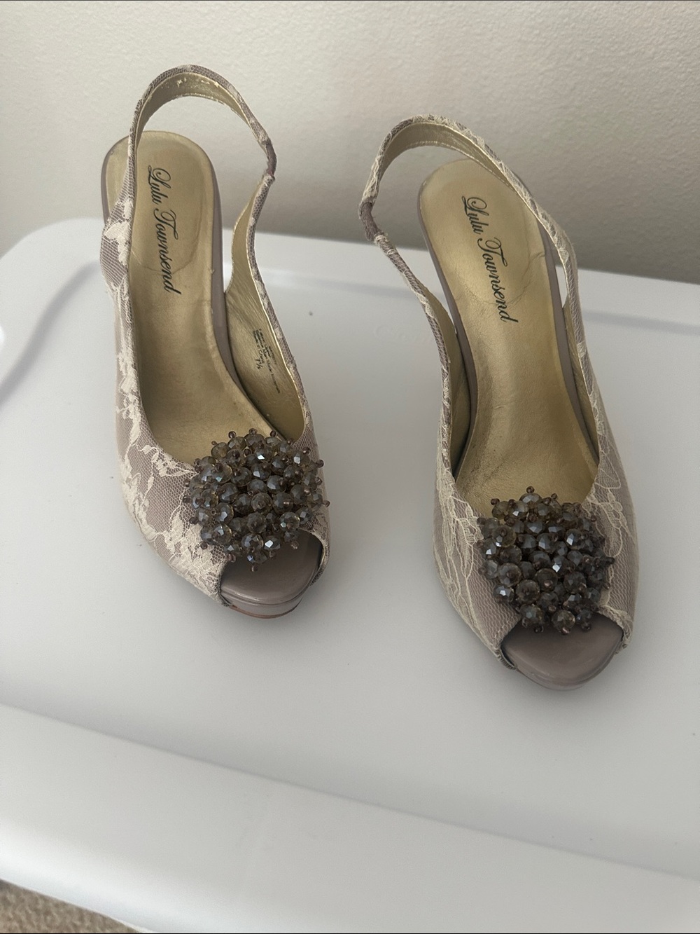 Lulu Townsend Lace Slingback Peep-Toe Heels with Beaded Cluster - Beige